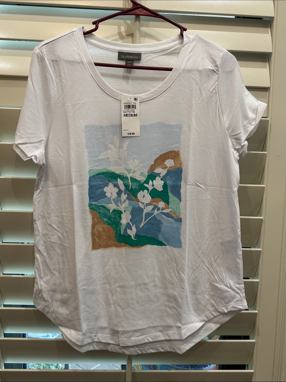 Style & Co. White Scoop Neck Tee with Floral Panel